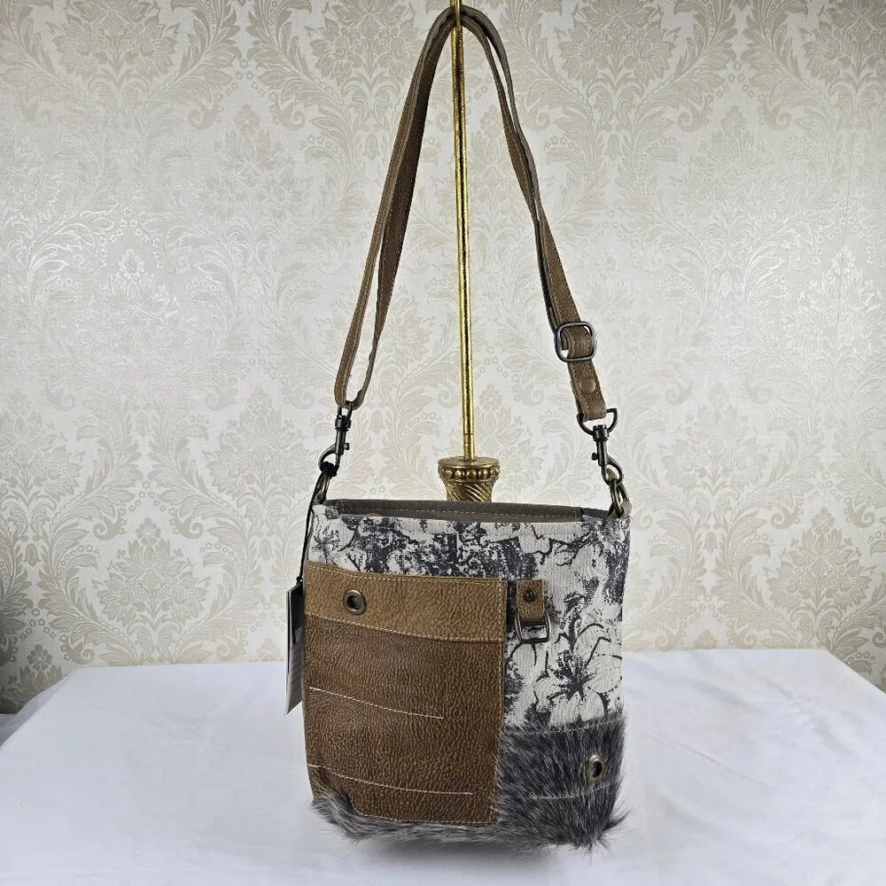Myra Bag Crossbody Canvas Leather Hairon Crossbody Bag Neutrals Adj Strap NWT